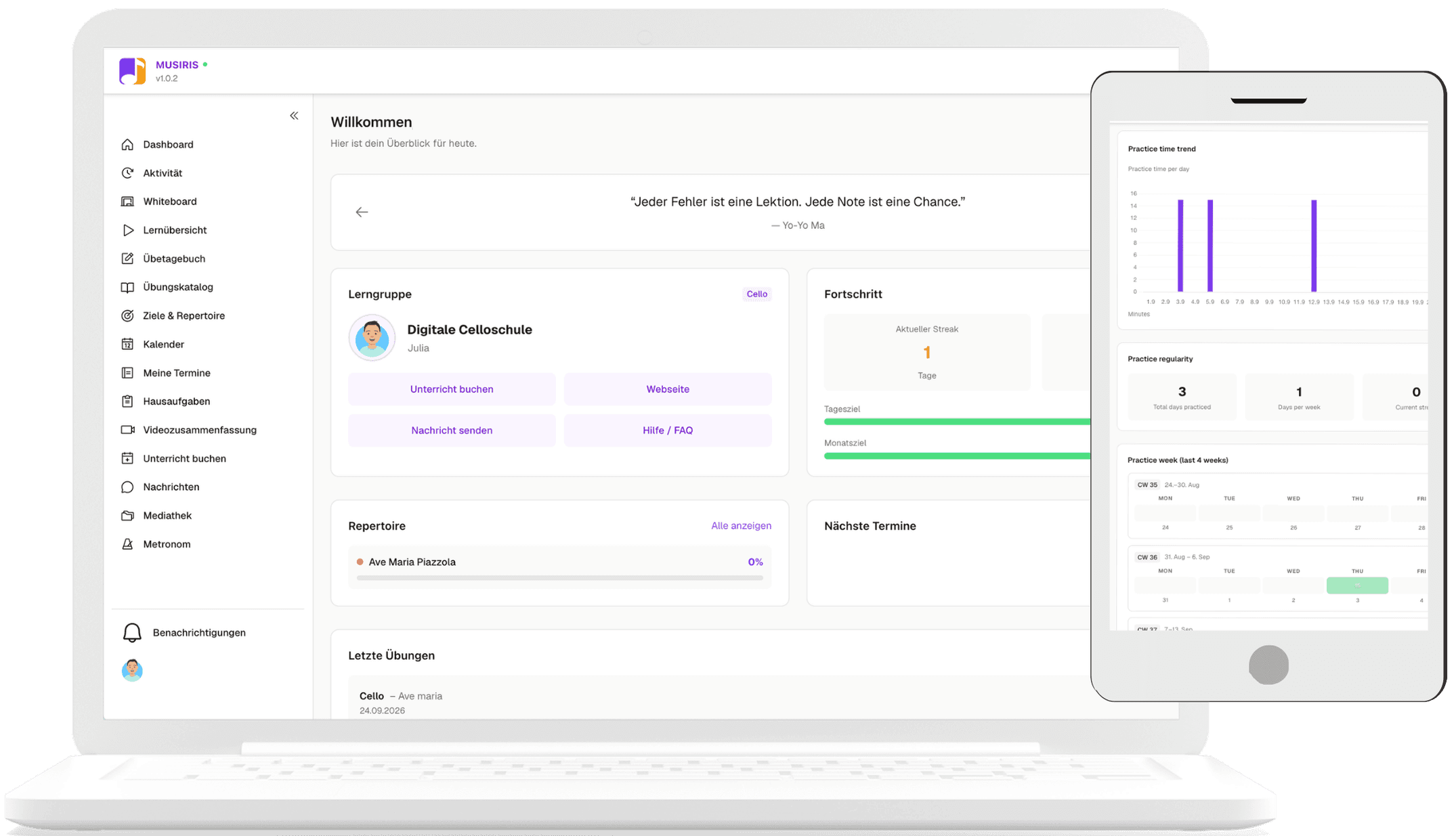 MUSIRIS app view with lesson planning, practice tracking and progress overview for music teachers